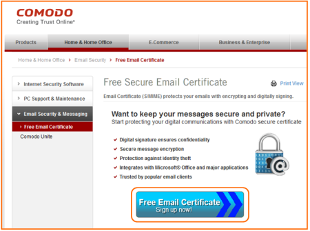 Bild 1: Anforderung eines Zertifikats von Comodo