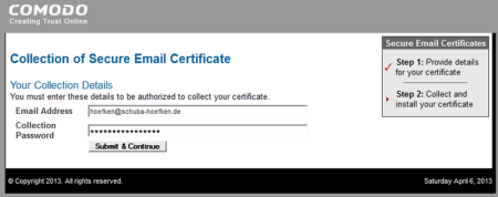 Bild 5: Abrufen des Zertifikats bei Comodo